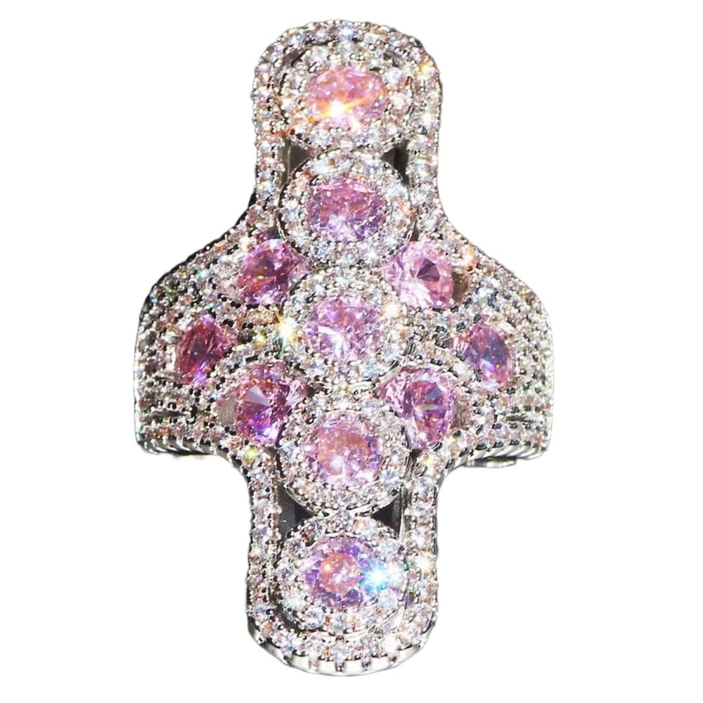 925 Silver Pink Cross Zircon Statement Ring - Picture 9 of 12